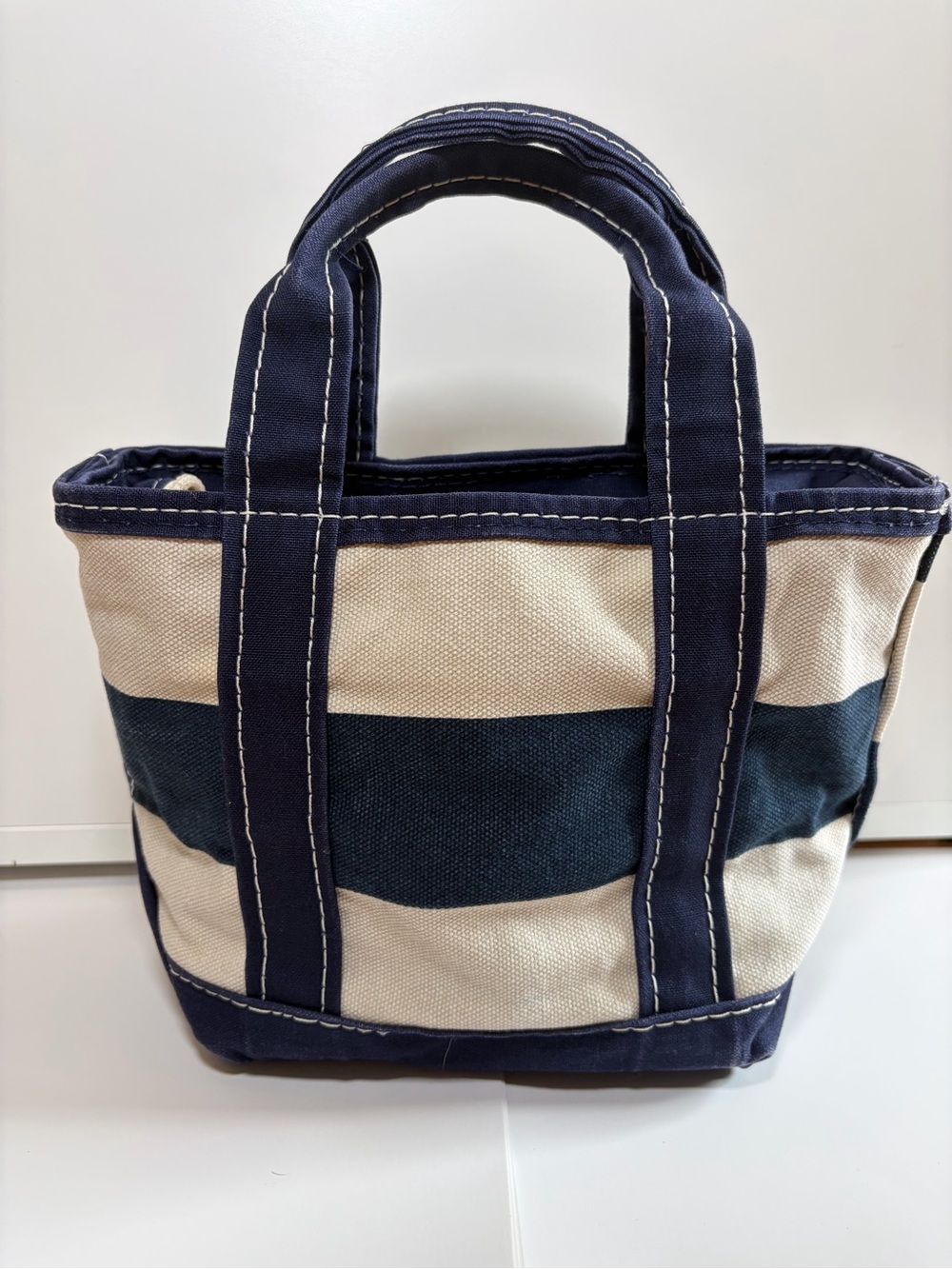 LL Bean Boat And Tote Mini Striped Navy Blue White Canvas Zip Top Vintage Rare